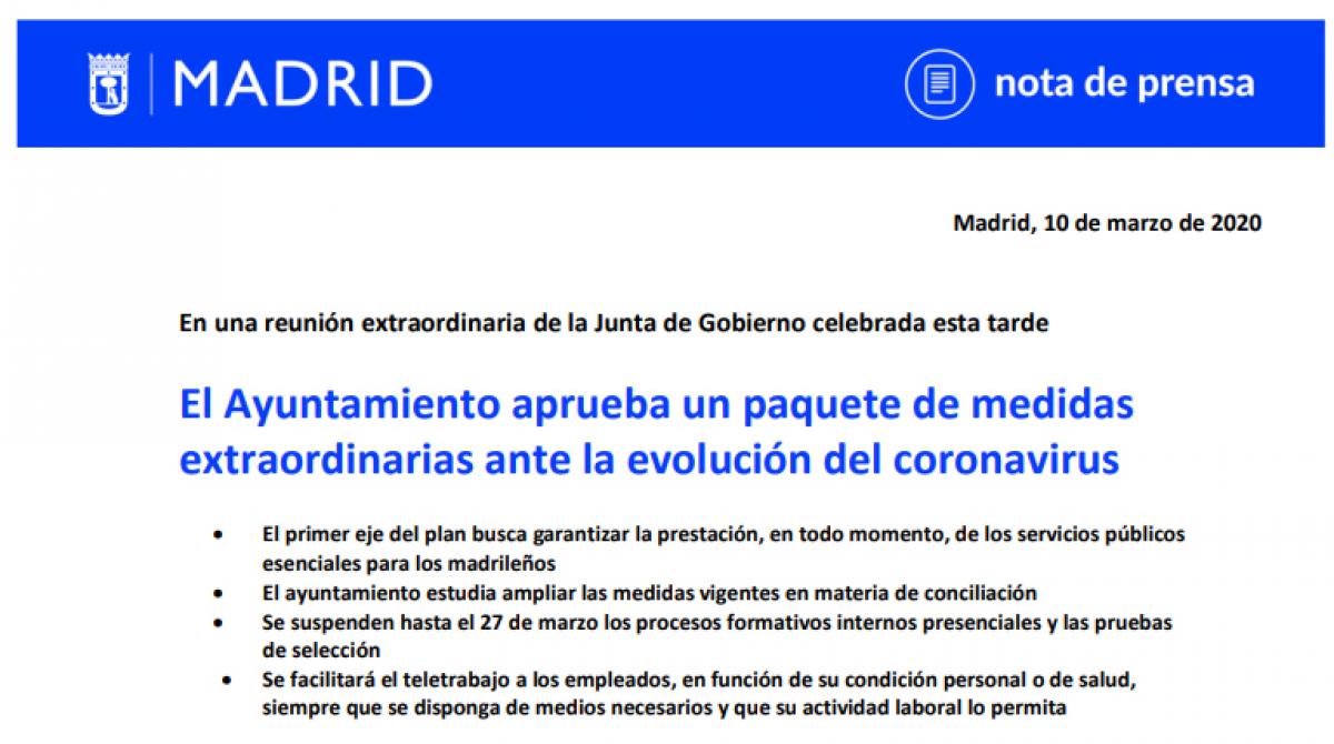 DOCUMENTO: El Ayuntamiento de Madrid aprueba un paquete de medidas extraordinarias ante la evolución del coronavirus