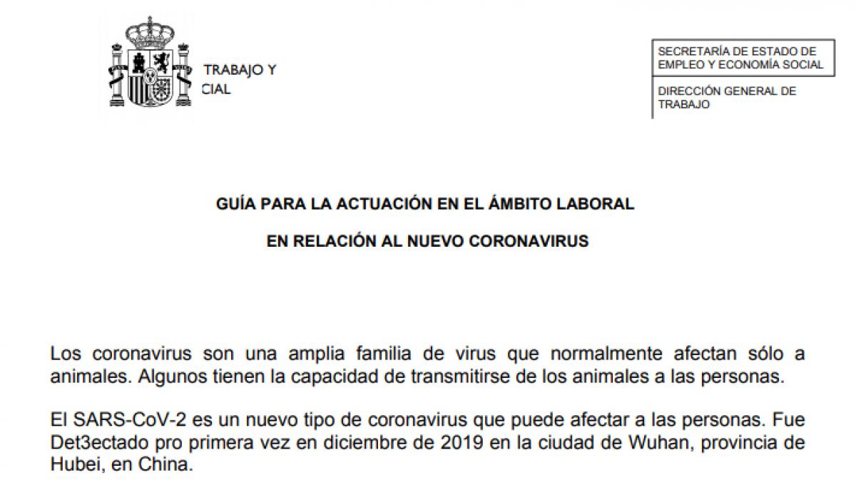 DOCUMENTO: Guía para la actuación en el ámbito laboral en relación al nuevo coronavirus