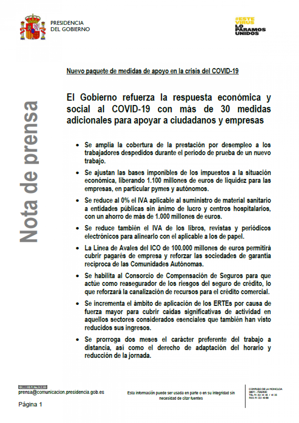 El Gobierno refuerza la respuesta económica y social al COVID-19 con más de 30 medidas adicionales para apoyar a ciudadanos y empresas 21-4-2020