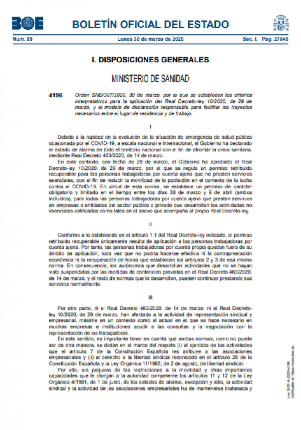 Criterios interpretativos del RD 10/2020 29 de marzo y declaración responsable