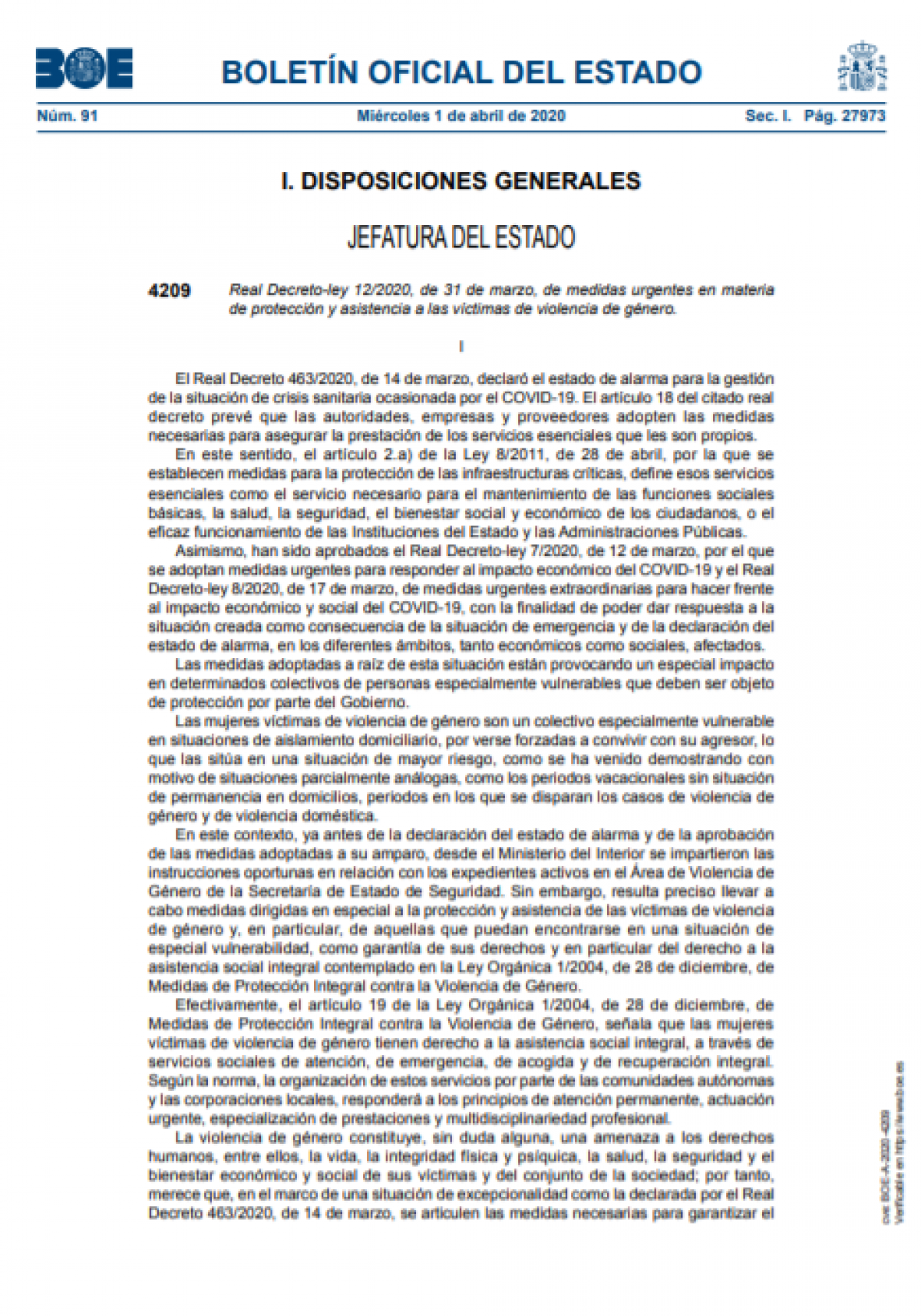RD 12/2020 del 31 de marzo de medidas urgentes en materia de protección y asistencia a las víctimas de violencia de género