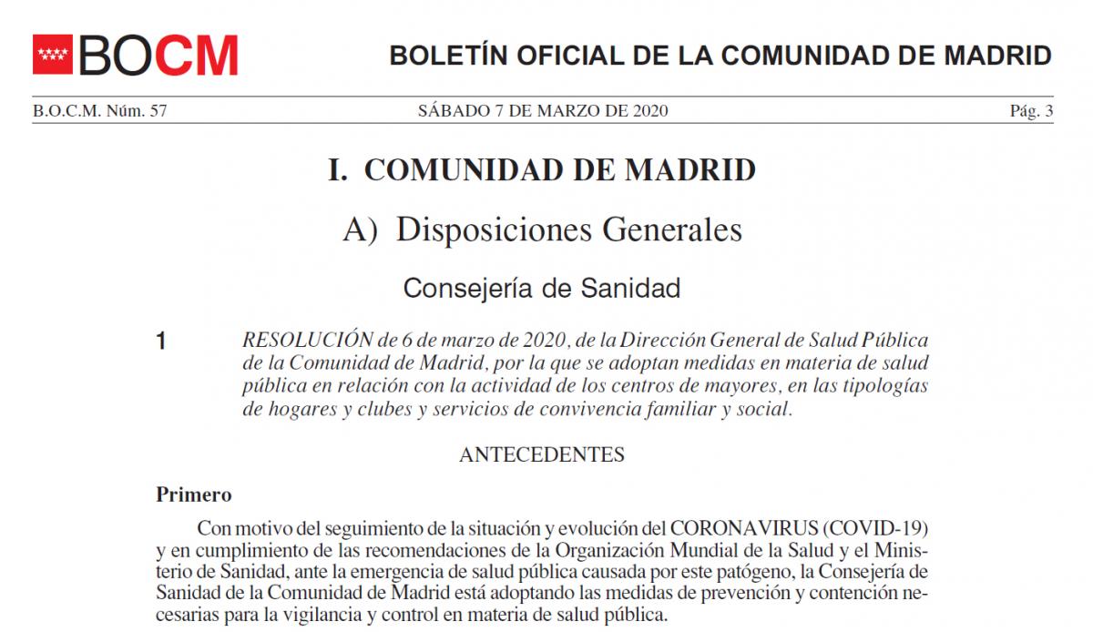 DOCUMENTO Resolución de 6-3- 2020, de la DG de Salud Pública de la CAM, sobre medidas en materia de salud pública en relación con los centros de mayores, en las tipologías de hogares y clubes y servicios de convivencia familiar y social