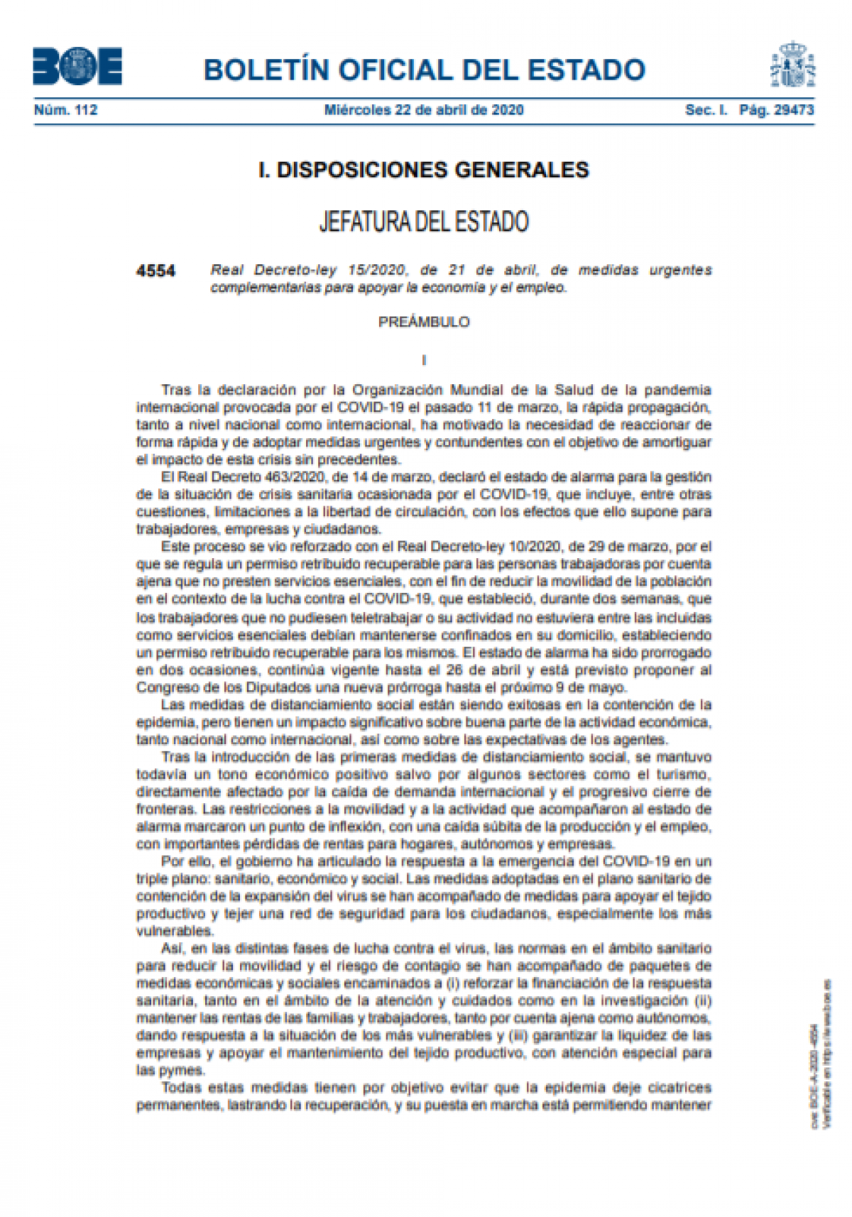Real Decreto-ley 15/2020, de 21 de abril, de medidas urgentes complementarias para apoyar la economía y el empleo